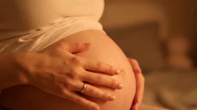Pregnant woman gently touching her belly with both hands, showing love and connection