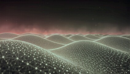 A futuristic landscape with rolling hills of particles at dusk