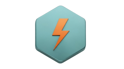 Isolated graphic symbol of orange lightning bolt on teal blue hexagon, no background