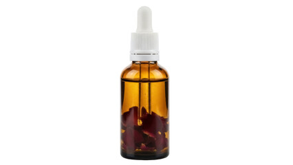 Isolated amber bottle with rose petals, aromatherapy essence or serum, wellbeing, beauty