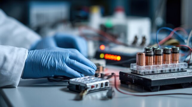 Closeup of advanced electronic equipment measuring electrical conductivity in copper samples under sterile laboratory lighting.