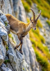 A mountain goat climbs a steep rocky terrain with its curved horns and agile legs