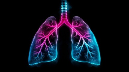 3D Rendered Human Lung with Pink and Blue Neon Glow Medical Concept