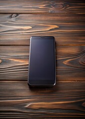 Sleek black smartphone placed horizontally on a dark-colored wooden table with a subtle texture