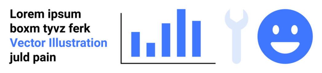 Fototapeta premium Business analytics, data , productivity tools, customer service, user satisfaction, and maintenance services. Blue bar chart, wrench and happy face. Business analytics and productivity tools concept