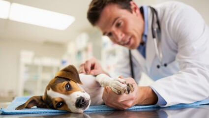vet holding puppys paw while puppy lies calmly on exam table