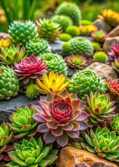 Vibrant Houseleek plants in a rock garden with lush greenery and flowers