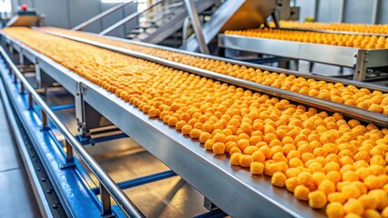 Cheese puffs on conveyor belt in factory with colorful packaging