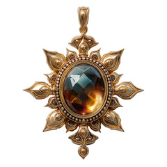 Ornate gold sun-shaped pendant with gemstone