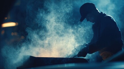 Medium shot of adjustable fume extraction hood capturing harmful gases above a metal casting workshop ensuring clean air and worker safety.