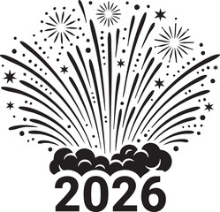 Happy New Year 2026 Fireworks Display Silhouettes on White Background