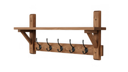 Rustic wooden wall mounted coat rack with shelf and five hooks isolated on transparent background