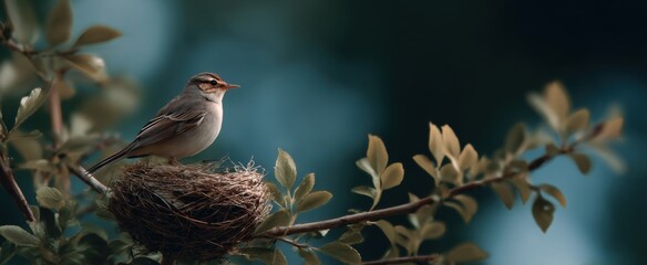 Fototapeta premium A tiny architect gathers twigs to weave its cozy nest in leafy branches