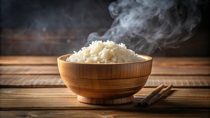 Bamboo Rice Bowl with Steaming Hot Rice