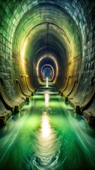 murky green water flowing through a sewer pipe in an underground tunnel system