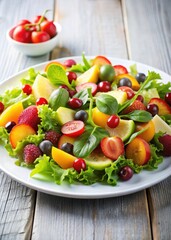 Fresh green salad with mixed vegetables and fruits on a white plate