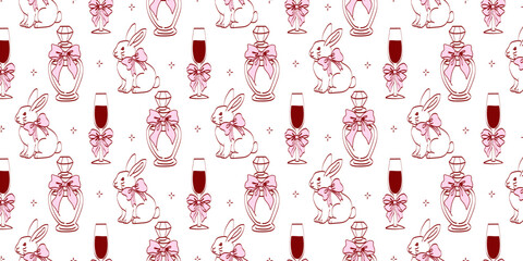 Hand-drawn coquette wedding pattern. Vintage ribbons and bows in crayon sketch style. Seamless, romantic background for Valentine's Day and invitations.