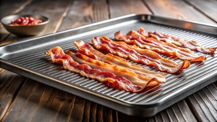 Sizzling bacon strips on a metal cutting board