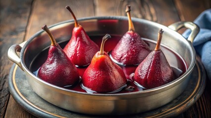 Poached pears in red wine simmering gently in a shallow pan on a stovetop background