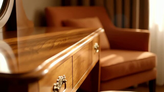 Warm Interior Scene Featuring a Detailed Wooden Vanity Table and Armchair with Soft Lighting