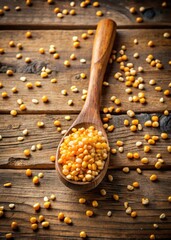 Wooden spoon with crushed corn kernels scattered around it on a rustic wooden table