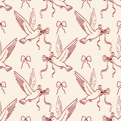 Hand-drawn coquette wedding pattern with birds and ribbons. Vintage ribbons and bows in crayon sketch style. Seamless, romantic background for Valentine's Day and invitations