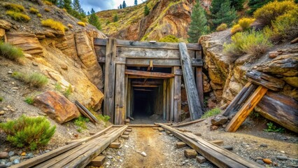 Abandoned mine entrance with old wooden beam