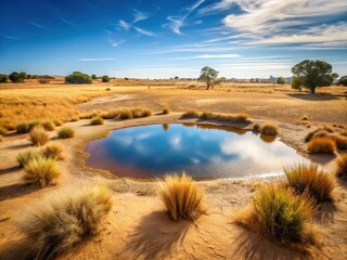 Desert Landscape with Drained Pond on Dry Land in Summer