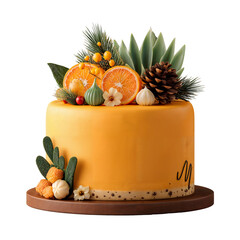 Orange cake with fruits, pinecone and flowers