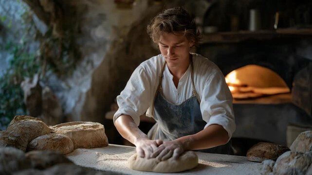 A baker kneading dough by hand in a rustic kitchen, flour dust rising as ovens warm the space with old-world charm &mdash; traditional bread-making, artisanal food heritage, and authentic culinary craft.