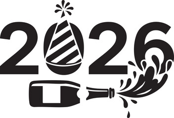 Popping Champagne Bottle Celebration 2026 Silhouettes on White Background