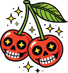 Skull Cherries Tattoo Style Illustration Cute Horror Fruit Design