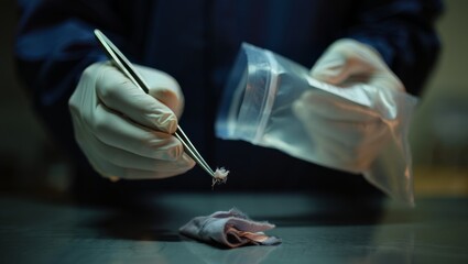 forensic technician collecting samples in dark room sealing bag with gloved hands and tool