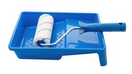 Blue paint roller tray with roller for painting walls and ceilings isolated on transparent background
