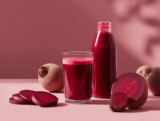Glass and bottle of red beet juice with whole and sliced fresh beetroot isolated on soft pink background