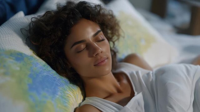 A mattress tester lying on pressure-sensing pads that visualize support zones on a colorful digital screen &mdash; ergonomic evaluation, comfort science, and sleep technology testing. cinematic color