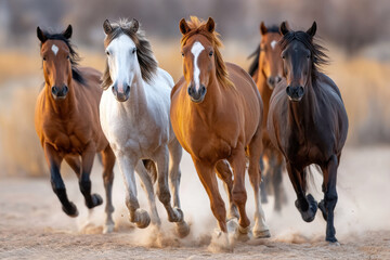 Fototapeta premium Herd of Horses Running in Dusty Field