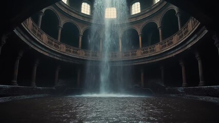 Dramatic interior with water feature and architectural elements