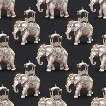 TITLE: Luxurious 3D rendered seamless pattern featuring ornate silver elephants with ceremonial howdahs and jeweled filigree decorations against a dark matte background, illustrating Indian royal heri