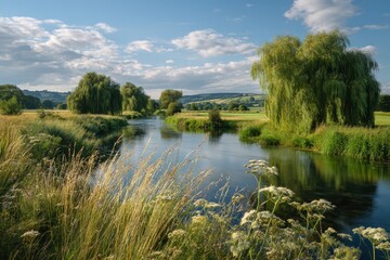 Fototapeta premium Pastoral riverside panorama with twisted willow trees and calm water