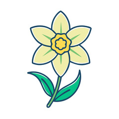 Obraz premium Yellow daffodil flower with green leaves on a white background for spring concept 