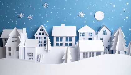 Fototapeta premium A picturesque paper-cut winter village scene with falling snowflakes and a full moon. The charming townscape features detailed houses and trees in a serene, snowy setting.