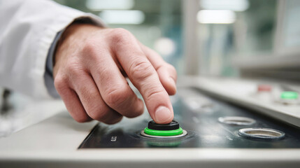A man in a white coat presses a green button in a bright laboratory room