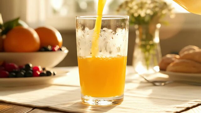 Close up shot of fresh orange juice being poured into a tall glass on a table