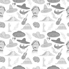 Mexico culture and traditions hats and sombreros guitar travel and tourism volcanoes and pyramids recreation bright ponchos national clothing hand-drawn sketch cute cartoon