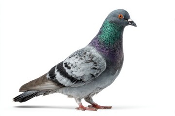 Portrait of a racing pigeon on a clean white background with folded wings and vivid plumage