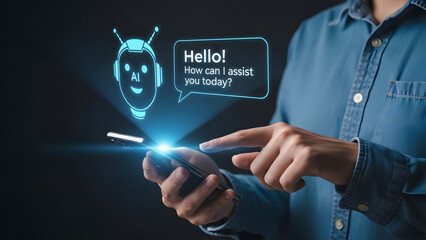 Person interacting with AI chatbot assistant on mobile phone | Digital customer service technology and artificial intelligence concept | Holographic bot icon appearing over smartphone screen | Using g