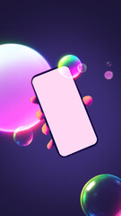 Minimal tech design of smartphone with floating glowing spheres on dark background. Concept of mobile product presentation, app interface promotion, digital services advertising, and startup launches.