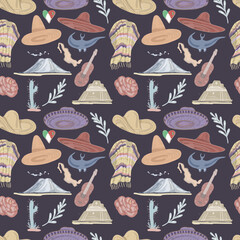 Mexico culture and traditions hats and sombreros guitar travel and tourism volcanoes and pyramids recreation bright ponchos national clothing hand-drawn sketch cute cartoon