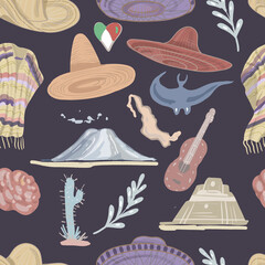 Mexico culture and traditions hats and sombreros guitar travel and tourism volcanoes and pyramids recreation bright ponchos national clothing hand-drawn sketch cute cartoon